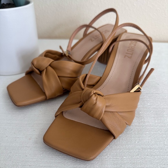 New Schutz Mindy Caramel Leather Knot Ankle Strap Bamboo Heel Sandals Women’s 6B - Picture 7 of 15